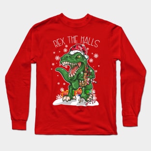 Christmas T Rex The Halls Dinosaur Merry XMAS Long Sleeve T-Shirt